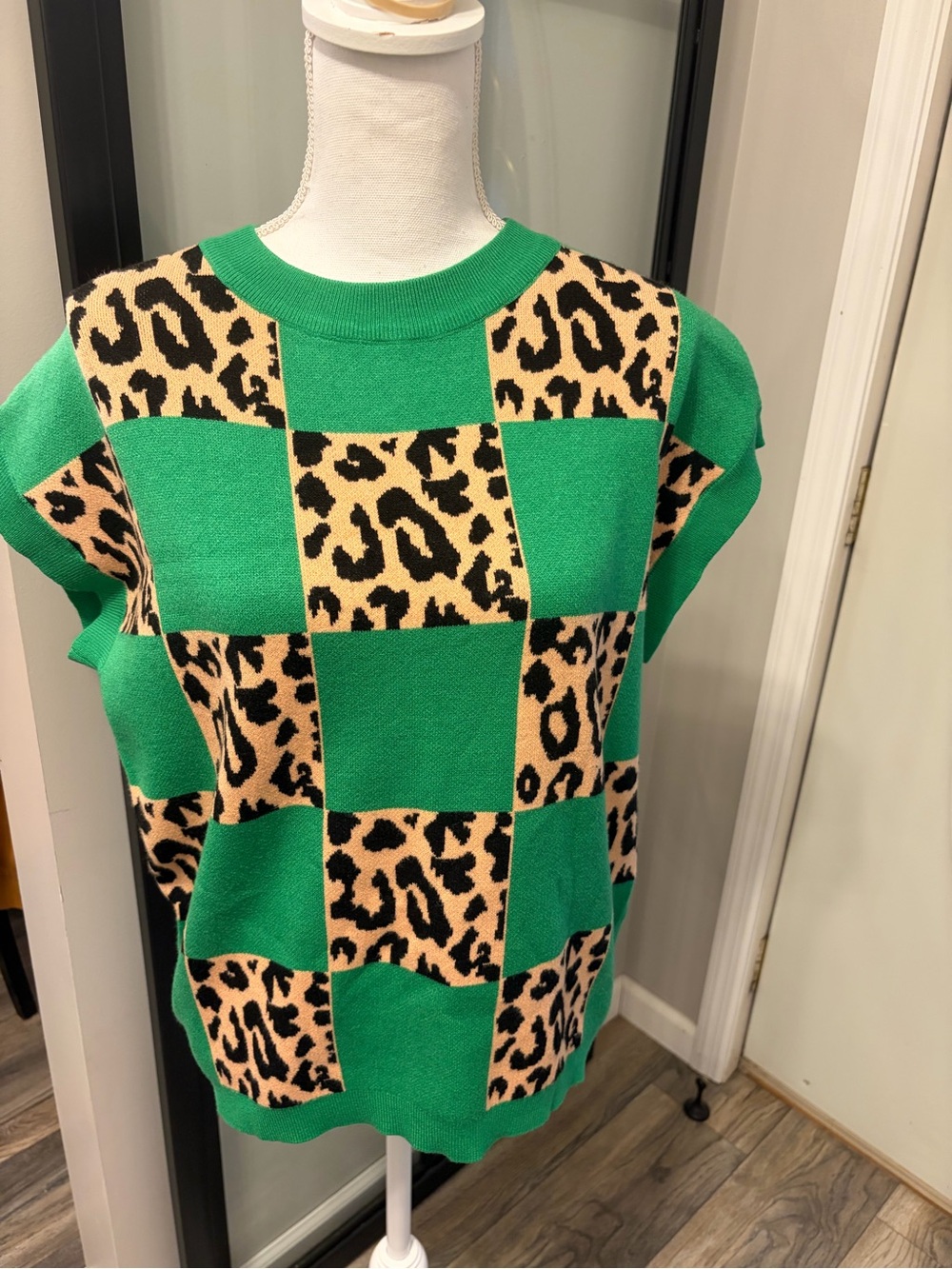 New With Tags…Boutique…Gorgeous Green Sweater with Leopard Print Pattern